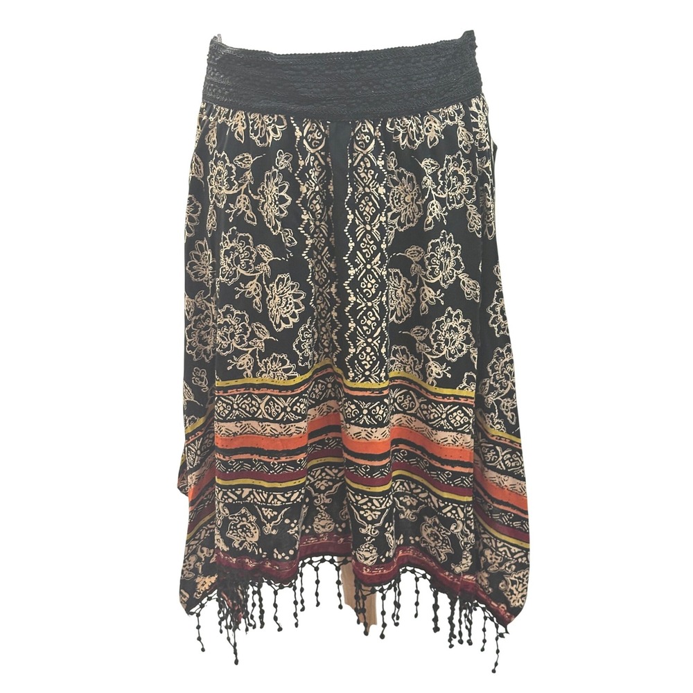 NWT Lola P. Boho Floral Print Skirt Tassel Trim M Asymmetrical Handkerchief Hem
